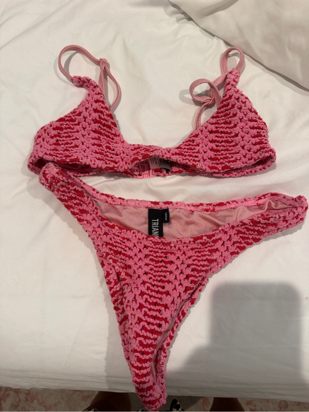 triangl swimwear Pink Crochet Triangle Bikini Set